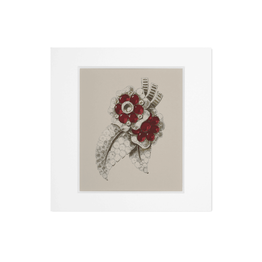 A square mounted print reproduction of a watercolour illustration by Cartier for a floral brooch design with ruby petals and diamond foliage